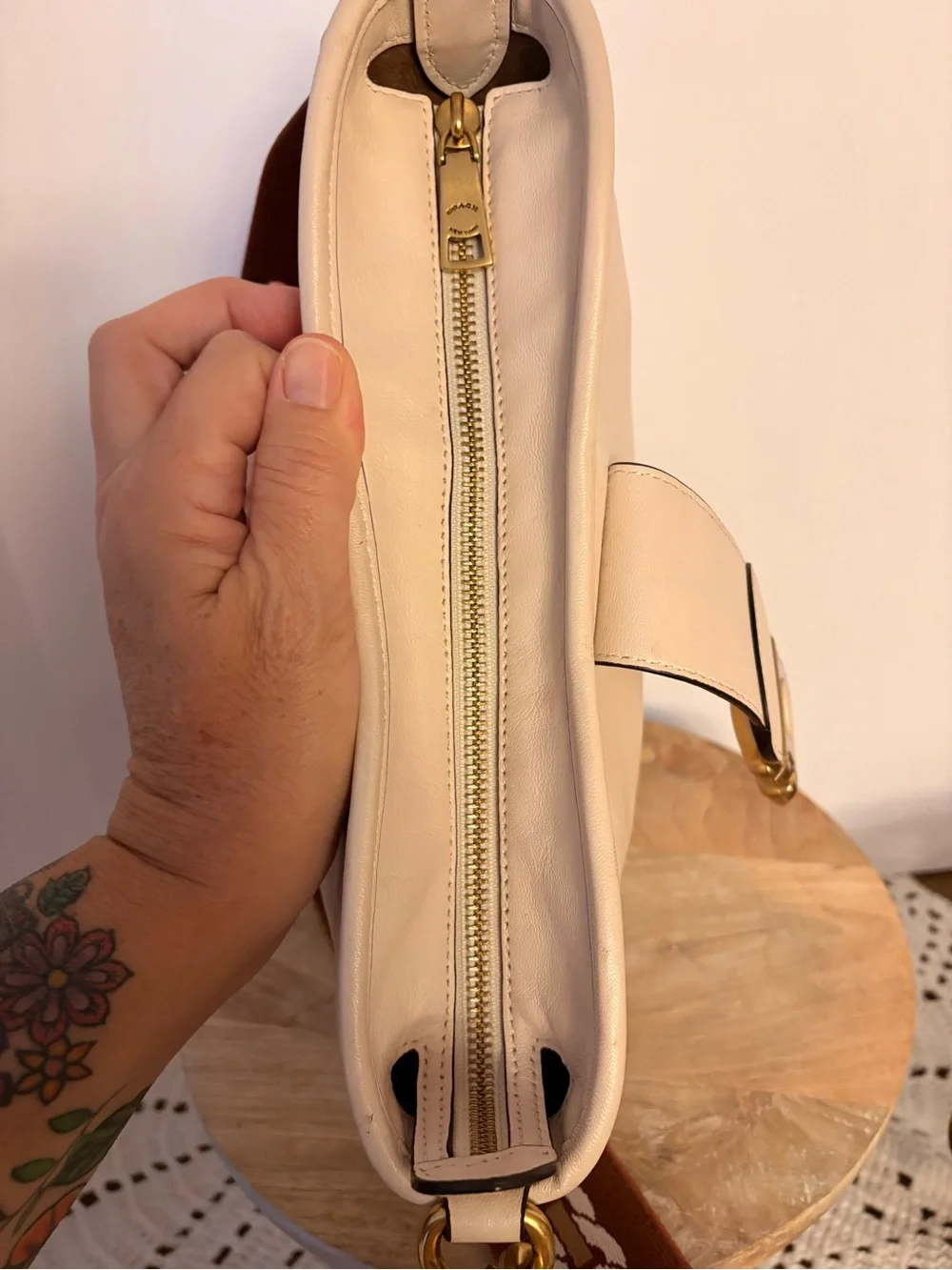 Coach chalk bucket Bag with Brown Patterned Strap and Gold Hardware